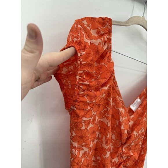 Sienna Sky Blouse Junior Large Orange Floral Ruched Bohemian Preppy Summer - Picture 7 of 10